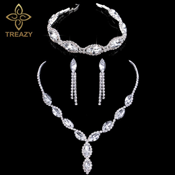 Sparkling Silver Color Rhinestone Crystal Wedding Jewelry Set Leaves Choker Necklace Earrings Bracelet Set Bridal Jewelry Sets