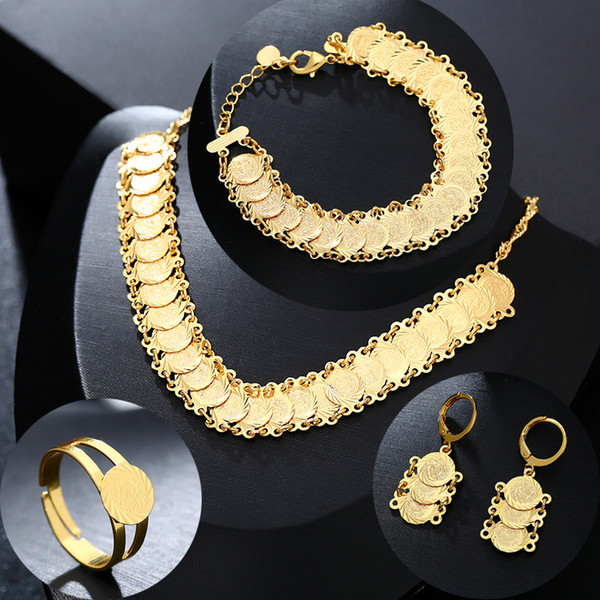 New Classic Arab Coin Jewelry sets Gold Color Necklace & Bracelet Earrings Ring Middle Eastern muslim Coin Accessories