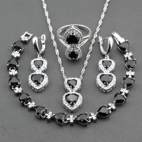 Water Drop Jewelry Sets Women 925 Silver Color Eye-Catching Black Zircon 4PCS Earring Pendant Necklace Bracelet Ring JS326