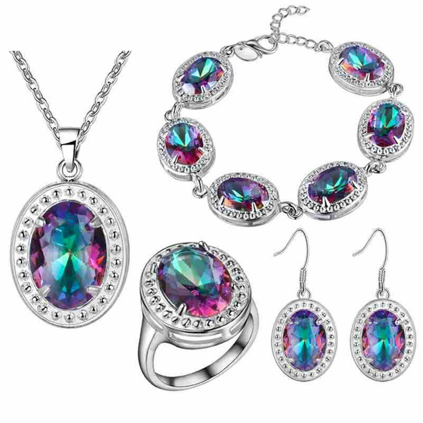 Thick 925 silver jewelry set of new fashion color treasure set bracelet necklace pentend ring earring and foreign trade jewelry