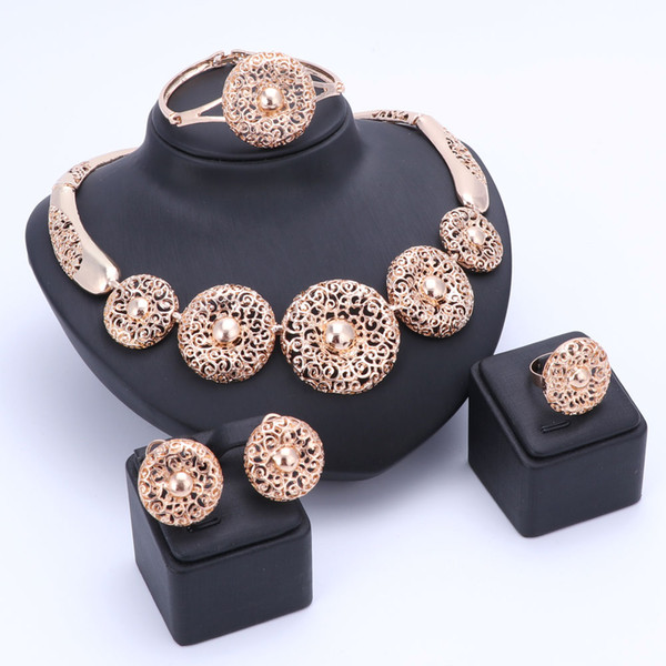 OUHE Nigerian Beads Wedding Jewelry Set Bridal Dubai Gold Plated Necklace Earring Ring Jewelry Sets African Beads Jewelry Set