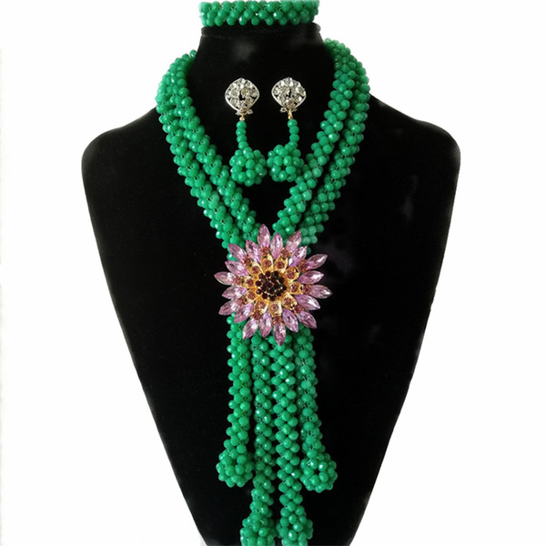 Green Multi-Layer Crystal Beads African Costume Jewelry Sets Statement Necklace Bridal Nigerian Wedding Beads Jewelry Set Free Shipping