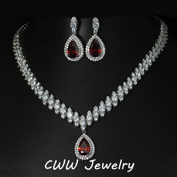 Wholesale-2015 Nigerian Design Big Water Drop CZ Diamond Red Ruby Crystal Wedding Bridal Jewelry Sets Gifts For Bridesmaids (T110)