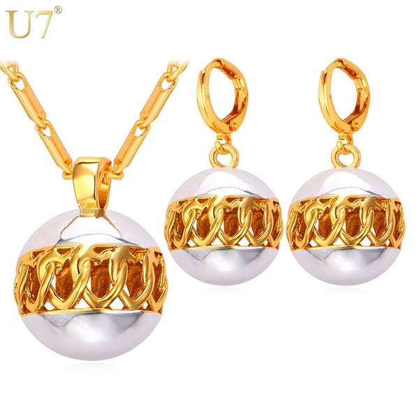 unique Two Tone Gold Heart Hollow Women Jewelry Sets Mix Platinum/18K Real Gold Plated Round Earrings Pendant Necklace Bead Set S824
