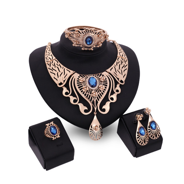 Bangles Necklaces Rings Earrings Jewelry Sets Luxury Women Royal Rhinestone 18K Gold Plated Water Drop Alloy Party Jewelry 4-piece Set JS038