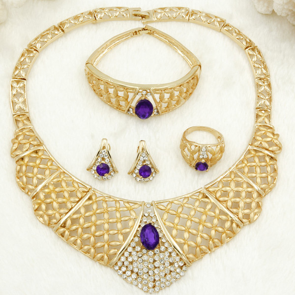 Sales Italian Fashion Charm Women Gold Jewelry Accessories Purple Crystal Heart-shaped Necklace African Wedding Jewelry Sets