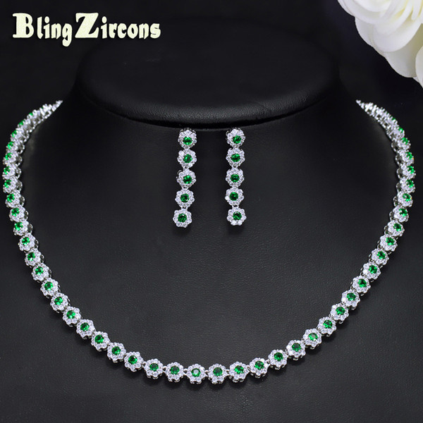 BlingZircons Elegant Green Crystal And CZ Stone Costume Earrings Necklace Jewelry Sets For Women Wedding Party Accessories JS110