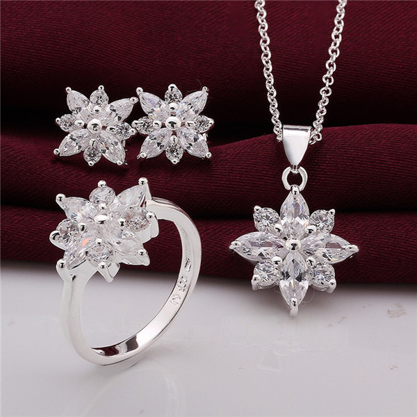 925 Sterling Silver Jewelry Set beautiful flower pendant necklace & earrings & rings with Zircon Christmas send his wife / girlfriend gift