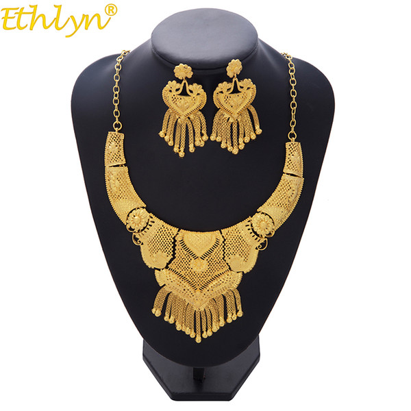 Ethlyn Luxury Necklace/Earrings Jewelry Set For Women Girls Gold Color Elegant Arab/Ethiopian Bridal Wedding/Party Gifts S193