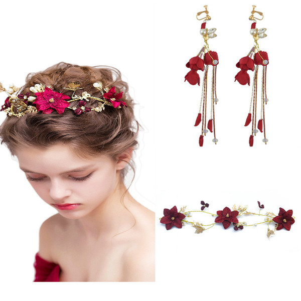 Rural Bridal Wine Red Flower Bridal Wedding jewelry Set For Women Pearl Crystal Butterfly Headband Hair piece Earrings Headdress