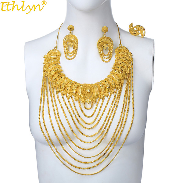 Ethlyn Jewelry Elegant Big Yellow Gold Color Multi-layer Chains Jewelry Sets Women Arab/African Bridal Wedding Accessories S209