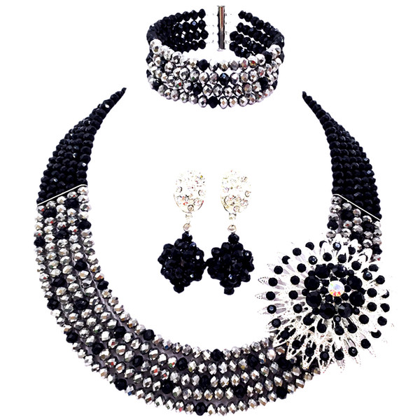 Fashion 5 Layers Black Silver Nigerian Wedding African Beads Jewelry Set Crystal Necklace Earrings 5L-ZJ014