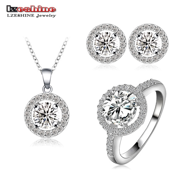 LZESHINE Wedding Bridal Dress Jewelry Sets Silver Color Micro Inlay Cubic Zircon Pendant/Ring/Earrings Set Aretes CST0021-B