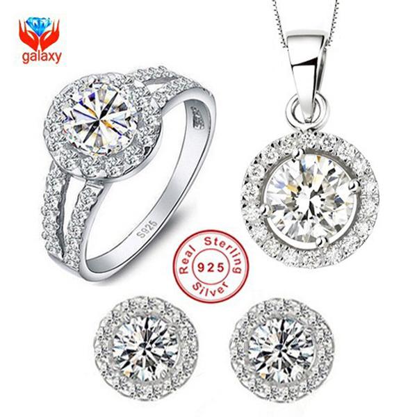 whole saleYHAMNI 100% 925 Sterling Silver Jewelry Sets Round CZ Diamant Pendant Necklace Earrings Ring Women's Wedding Jewelry Sets YS014