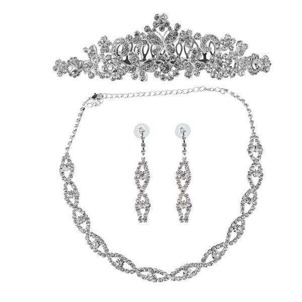 Bridal Wedding Rhinestone Pearl Decorated Jewelry Set Tiara Necklace Earrings (Silver)