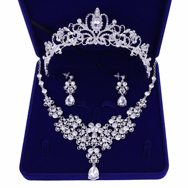 Silver Plated Flowers Crystal Bridal Jewelry Sets Crown Tiaras Statement Necklace Earrings Wedding Accessories Party Jewelry