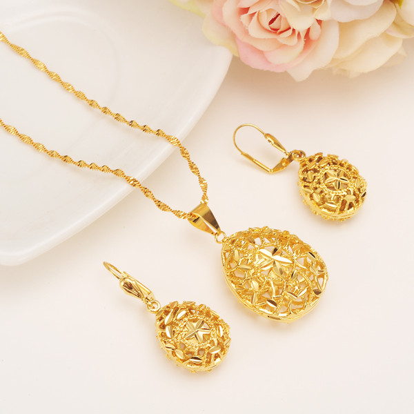 Ethiopian set hollow flower Necklace Pendant Earring Set Joias Ouro Gold Color Jewelry African Bridal Wedding Jewelry Arab Sets