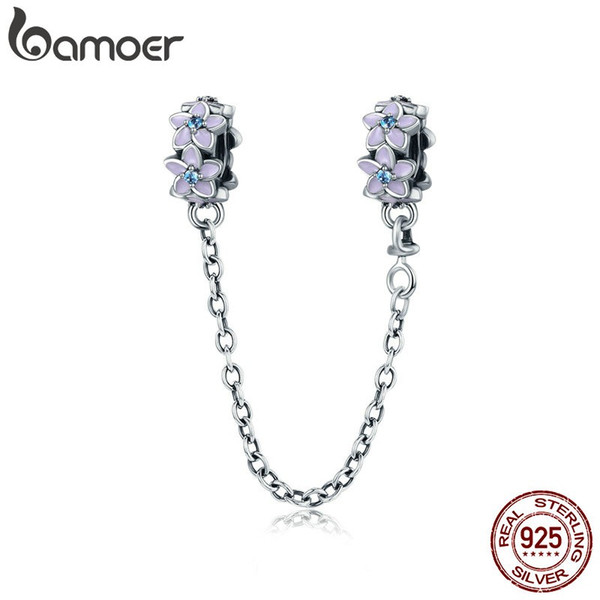 BAMOER 100% 925 Sterling Silver Purple Enamel Daisy Flower Safety Chain Stopper Charm fit Charm Bracelet DIY Jewelry SCC602