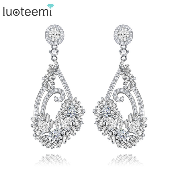 LUOTEEMI New Elegant Drop Earrings Statement Tiny Ladder CZ White Gold-Color Fashion Bridal Wedding Accessories Dangle Brincos