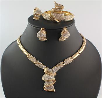 Africa Jewelry Sets Dubai High Quality Rhinestone Necklace Bracelet Ring Earring 18K Gold Plated Party Jewellery Set