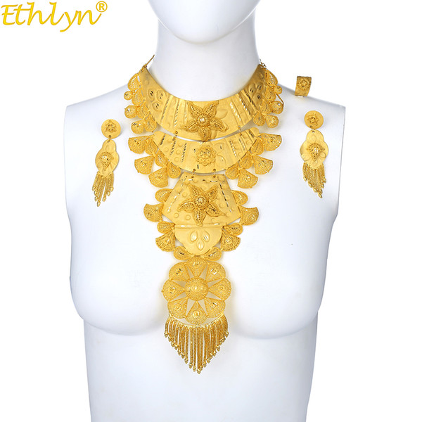 Ethlyn Jewelry Indian/Ethiopian/Middle East Luxury Big Heavy Brass Long Duration Gold Color Jewelry Bride Wedding Sets S214