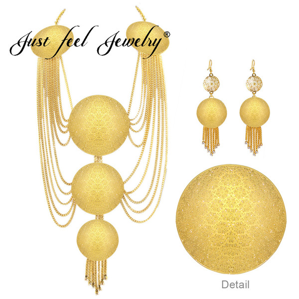 JUST FEEL Dubai Gold Color Jewelry Sets Wedding Crystal Copper Round Chain Indian Fashion Multilayer Necklace Earrings For Women