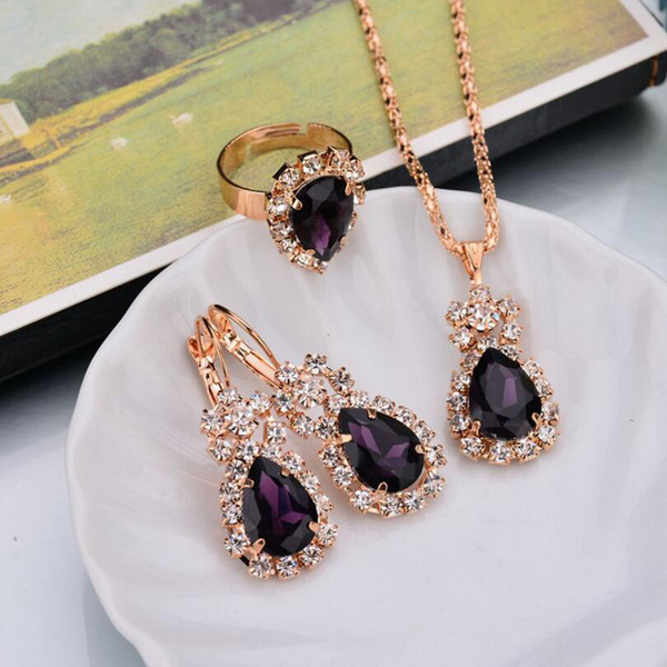 Hot Sale Wedding Gift Jewelry Water Drop Shape Crystal Earrings Necklace Adjustable Rings Set Fashion Jewelry for women