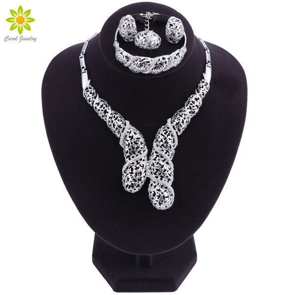 Crystal Jewelry Sets Choker Necklace Earrings Sets For Women Hollow Silver Color Ring Bracelet Anniversary Gift