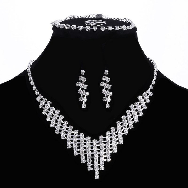 whole saleRomantic 4 Pcs/Set Wedding Jewelry Set Splendent Wholesale Synthetic Rhinestone Jewelry Set For Women Silver Delicate Accessory