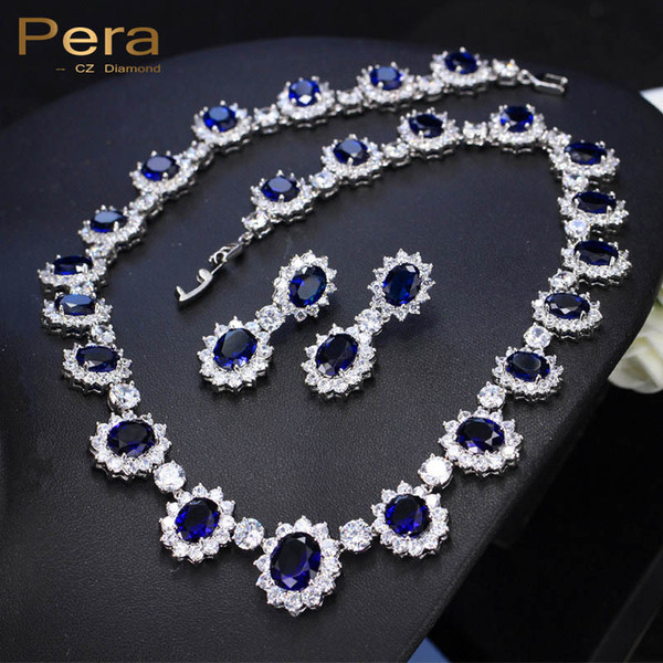 Pera CZ Big Round Cubic Zirconia Luxury Bridal Wedding Royal Blue Stone Necklace And Earrings Jewelry Sets For Brides J126