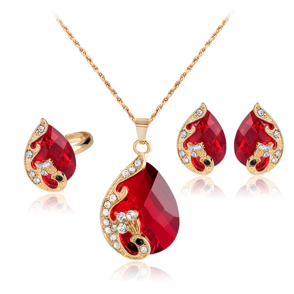 whole saleRed Crystal Water Drop Jewelry Sets For Women Gold Color Full Rhinestone Metallic Peacock Pendant Necklace And Earrings Set