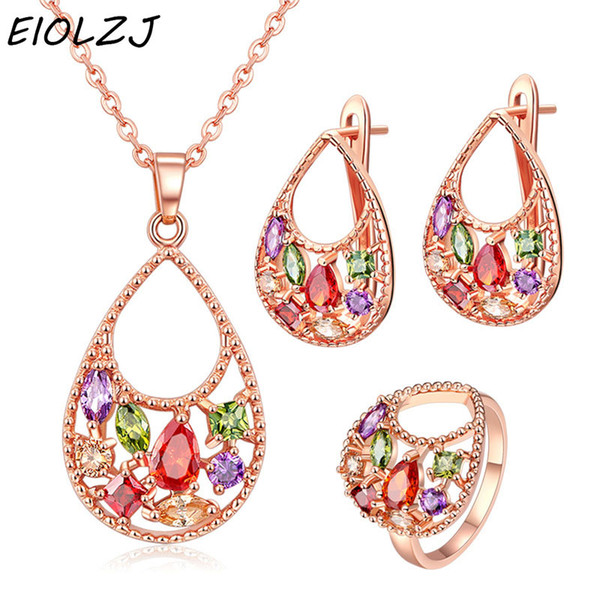 EIOLZJ Rose Gold Color Bridal Jewelry Sets For Women Multicolor Crystal Pendant Necklace Stud Earrings Ring For Wedding Free Box