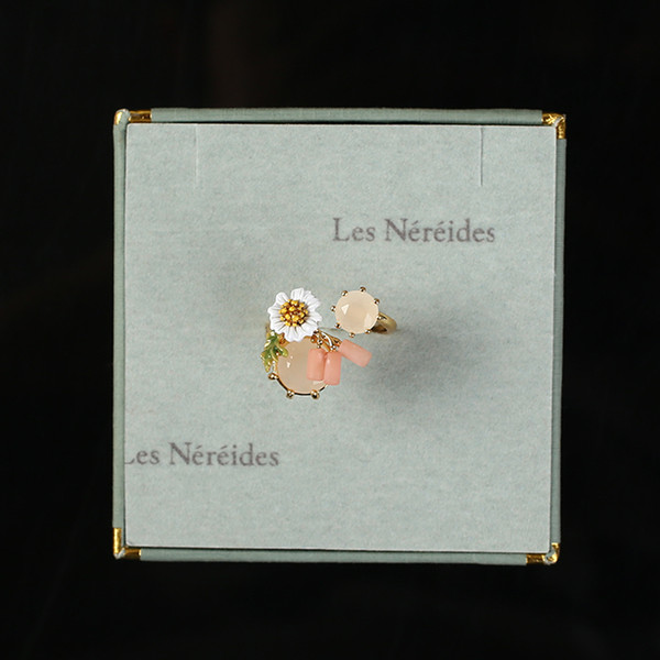 Les BSL nereides enamel colored glaze white Daisy powder Gemstone adjustable open large code ring silver bracelet