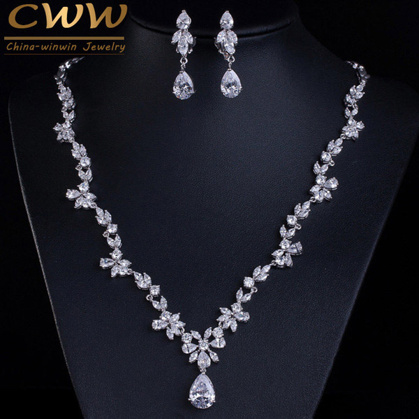 CWWZircons 2018 New Wedding Costume Accessories Cubic Zircon Crystal Bridal Earrings And Necklace Jewelry Sets For Brides T123 D18101002