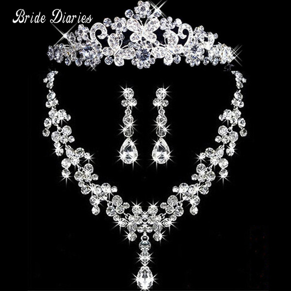 Bride Diaries Silver Color Crystal Butterfly Tiara Bridal Jewelry Sets Rhinestone Statement Necklace Earrings Crowns Set D18101002