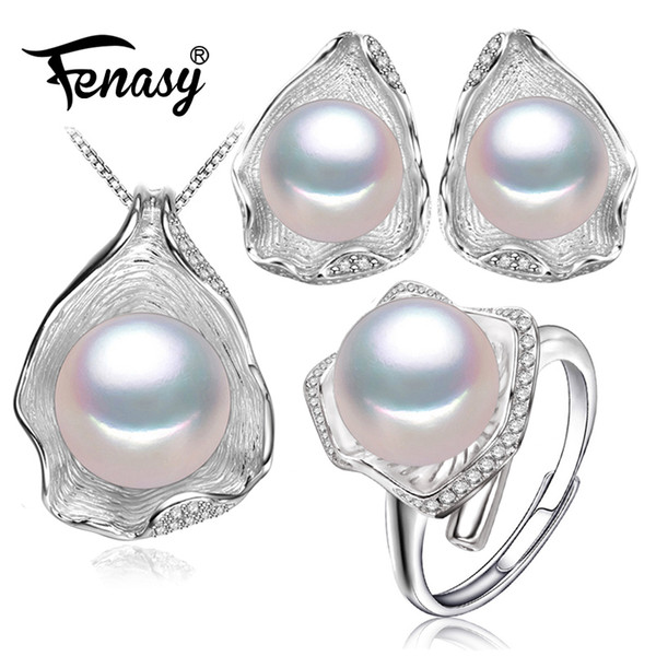 FENASY s925 Sterling silver Freshwater Pearl Jewelry Sets for Women party Pearl Necklace/Earring/Rings Shell design Jewelry Set S18101508