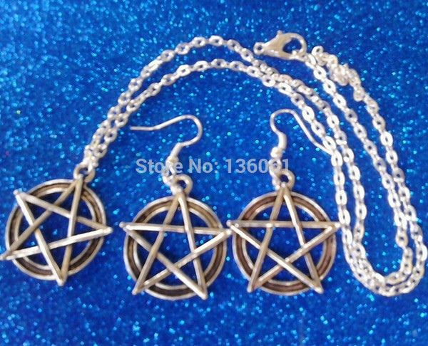 20Sets Vintage Silver Wiccan Pentacle Charms Drop Earrings &Necklaces Jewelry Sets For Women With Gift Box DIY Jewelry Valentine's Gift P283