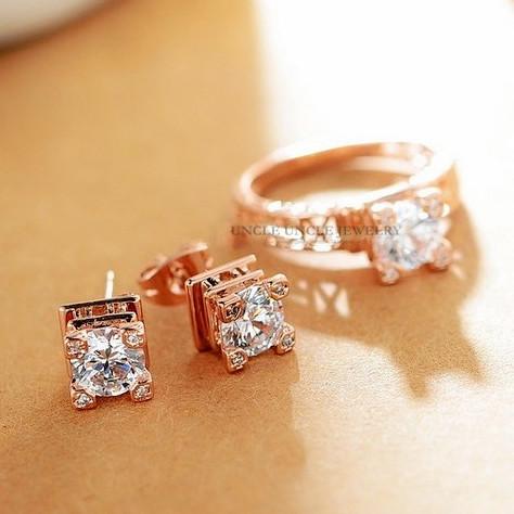 The Eiffel Tower On Your Finger Rose Gold Color Clear Zirconia Inlay Woman Fashion Jewelry Set Earring/Ring Wholesale Gift