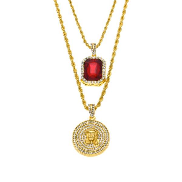 Micro Ruby Red Jesus Face Pendant 20/24inch Chain Necklace Set for Men High Quality Zinc Alloy Iced Out Hip Hop Jewelry