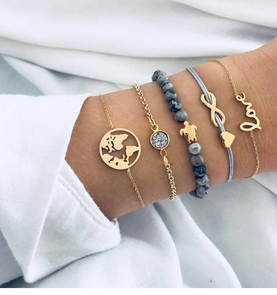 Shop jewelry weaving love 8-letter map of the world turtle grey beaded set with diamond and pine stone bracelet 5-piece set
