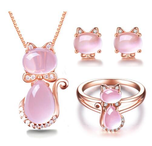 Free Shipping Rose Gold Color Cute Cat Ross Quartz Pink Opal Jewelry Necklace ring sets for Women Girls Children Gift Choker