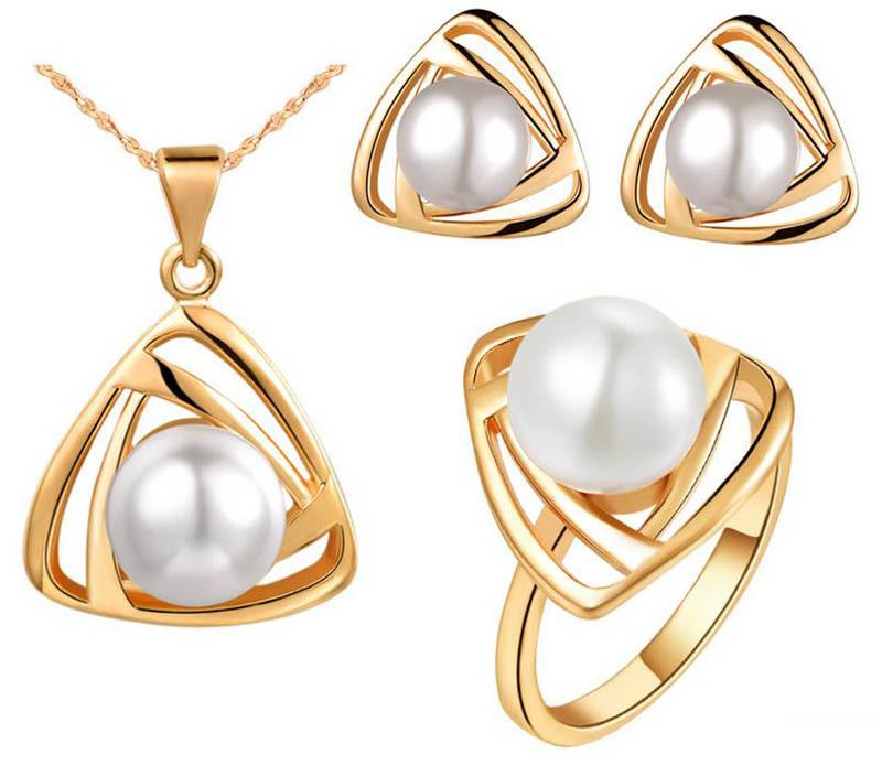 18k Pearl Necklace Earrings Rings Wedding Jewelry Sets High-Grade 18kgp Alloy Jewelry Sets For Women Best Gift Min Order 12sets 140417