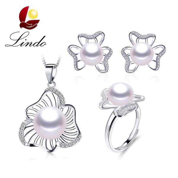 Unique Design Real Freshwater Pearl Jewelry Set for Wedding Party 925 Silver Earring Ring Pendant with Gift Box