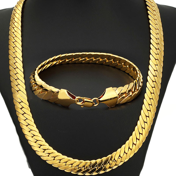 Brand New Hip Hop Rope 18K Gold Color Necklace For Men 12MM Width Heavy Bracelets Fine Jewelry Sets Curb Cuban Link Chain FreeShipping