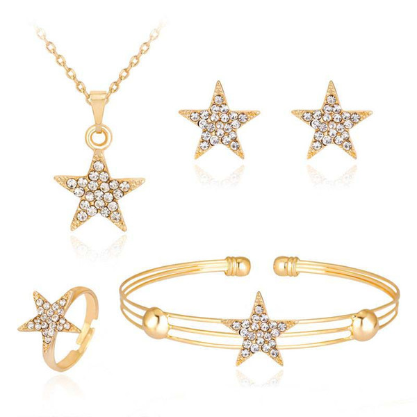 Gold Crystal Star Necklace Earrings Ring Bracelets Jewelry Sets Open Adjustable Ring Bangle Cuffs for Women Wedding Jewelry Gift