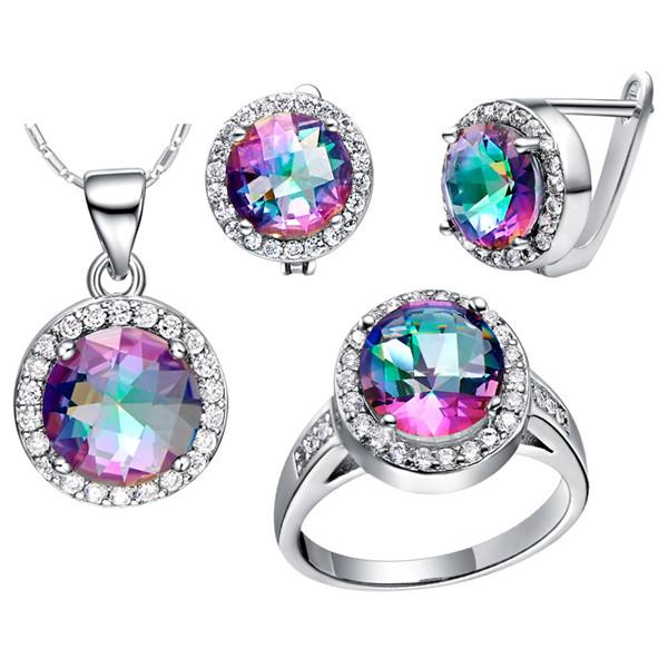 4PCS/SET 925 Sterling Silver Luxury Rainbow Topaz Jewelry Sets For Women Wedding Accessories Earrings/Pendant/Necklace/Rings Free shipping