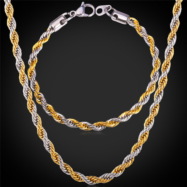 U7 Two Tone Gold Plated Rope Chain Necklace Set Party Jewelry 18K Real Gold Plated/Stainless Steel Necklace Bracelet Men Jewelry Set