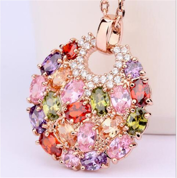 Luoteemi Newest Arrival Luxury Rose Gold Color Multicolor Cubic Zirconia Big Round Necklace Pendants for Women Fashion Jewelry TO181