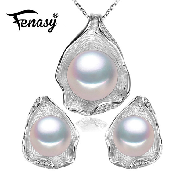 Fenasy S925 Sterling Silver Cz Freshwater Pearl Jewelry Sets Necklace Earrings Shell Design For Women Anniversary Birthday Gift C19041701