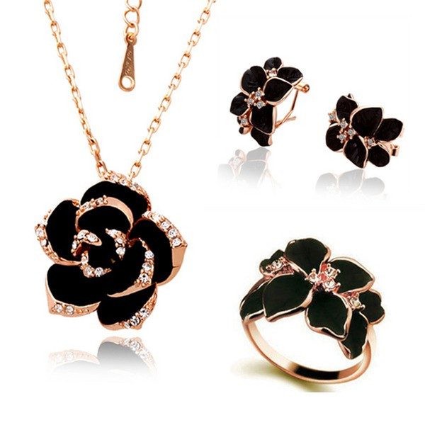 Hot Fashion Rose Flower Enamel Jewelry Set Gold Color Black Painting Bridal Jewelry Sets for women